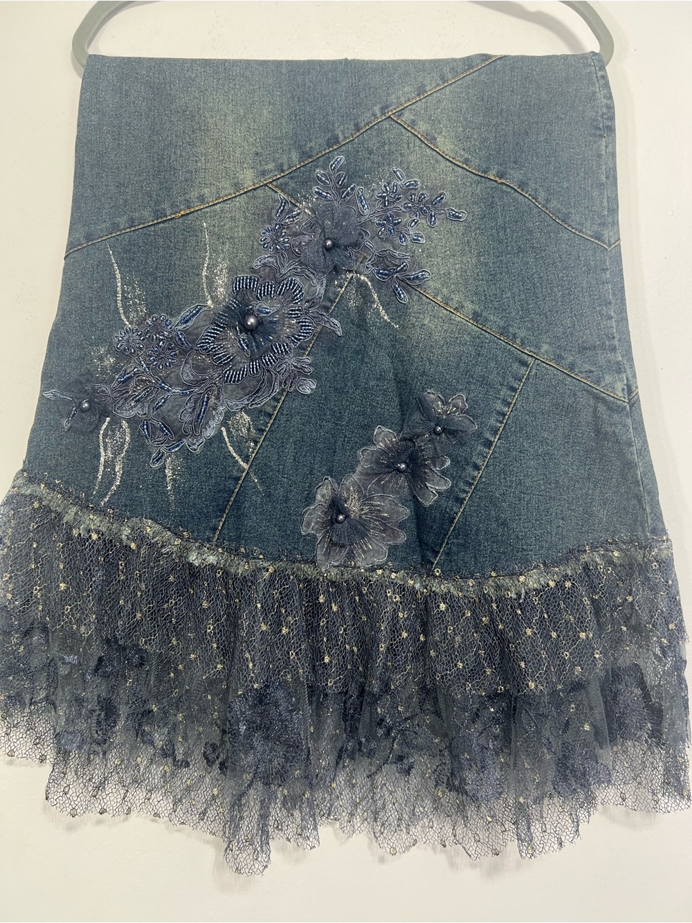 Y2K Beaded Denim Midi Skirt w/Lace Ruffle & Floral Embroidery Boho Whimsy - Picture 10 of 14